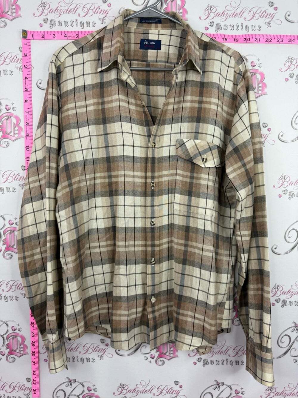 Arrow fireside shirt Men's Cream and Brown Plaid Button-Down Shirt